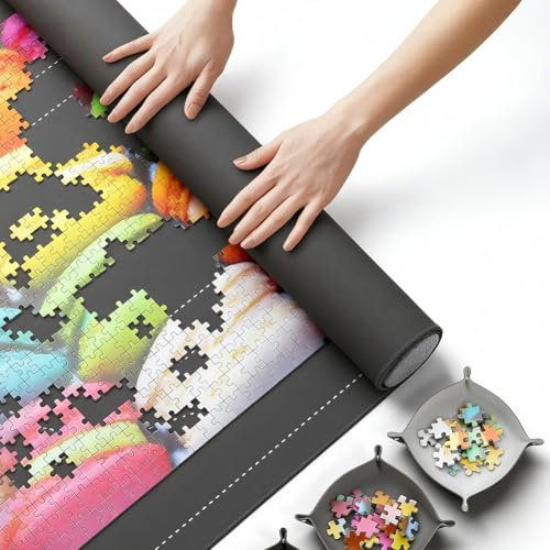 Puzzlematte, Puzzle Matte mit 4 Sortierfächern, Puzzleunterlage Rollmatte zum Aufbewahren, Tragbare Puzzle Matte Roll mit Aufbewahrungstasche für bis zu 1500 Teile für Einfache Lagerung & Transport