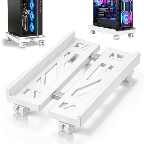 Ruioomeep PC Stand with Wheels, PC Tower Computer Stand, Mobile CPU Stand, Adjustable CPU Holder, with 4 Lockable Castors for Gamer, Home, White