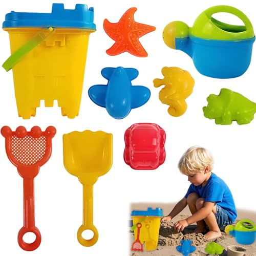 Bucket and Spade Beach Set – 9 PCS Sand Toys with Bucket, Spade, Rake, Castle & Animal Molds, Watering Can, Beach Toy Set for Sandcastle Building, Outdoor Indoor Sand Play Summer