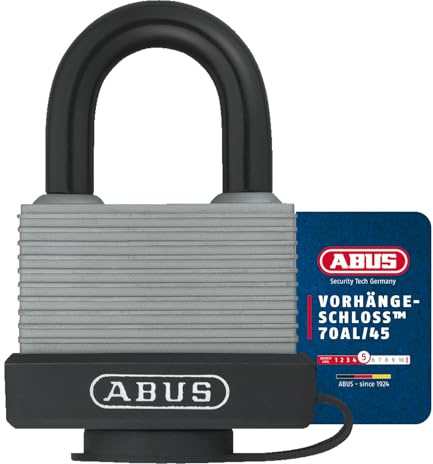 ABUS Vorhängeschloss 70AL/45 aus massivem Aluminium - wetterfest - mit Schutzkappe und Kunststoffummantelung - gleichschließend 6402 - Silber | Wetterfest, Schutzkappe, Drainage-Kanäle, Sicherheitslevel 5, Bügel-Ø 8 mm, 55 x 73 mm, inkl. 2 Schlüssel
