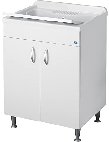 Negrari Eco Lavatoio Bianco Misura 60x50 L60 P50 H85CM Lavapanni Interno Bagno Lavanderia Base Mobile Nobilitato Idrofugo Legno Lavabo Plastica Asse Piedini Ante Battenti Economico Qualità Medio Alta