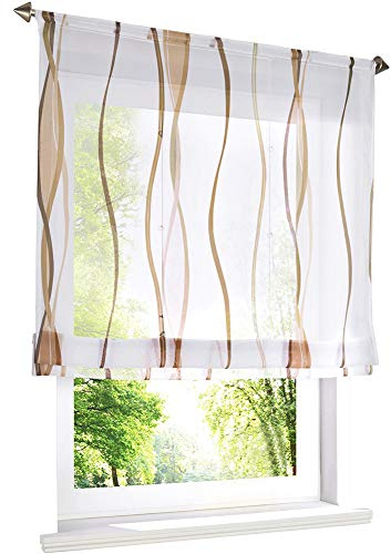 Voile Raffrollo mit Wellen Druck Design Rollos Schlaufen Transparent Vorhang (BxH 60x140cm, Sand mit Tunnelzug)