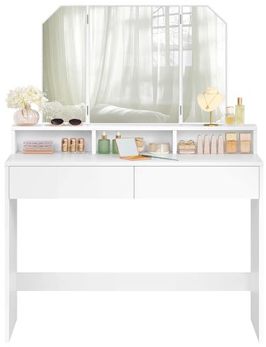 VASAGLE RDT115W01 Schminktisch mit Klappspiegel und 2 Schubladen, 3 offene Fächer, für Make-up, modern, Wolkenweiß