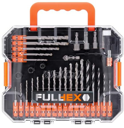 WELLCUT 49-Piece Multi-Functional Hex Shank Drill & Screwdriver Bit Set for Metal, Masonry, Wood, Aluminium, Plastic, Copper Includes Titanium HSS Drill Bits