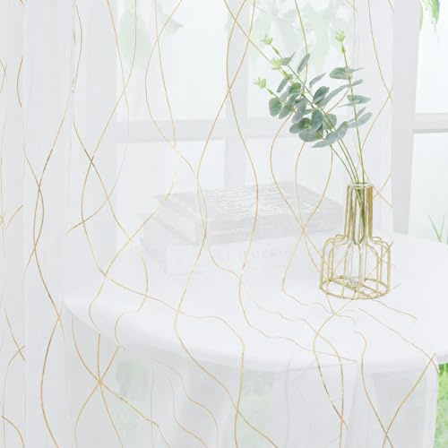 Yujiao Mao Voile Transparente Gardine mit golden glänzenden Streifen Wohnzimmer Schlafzimmer Mordern Vorhang mit Kräuselband Gardinenschals Weiß BxH 140x245cm 1er Pack
