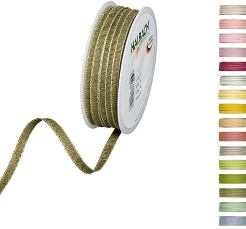 Halbach Dekoband mit Leinenkanten, 7 mm x 30 m, olivgrün/leinen | Dekorationsbändchen mit Leinenkanten, meliert, wetter-/farbecht, Made in Germany und Öko-Tex 100 zertifiziert