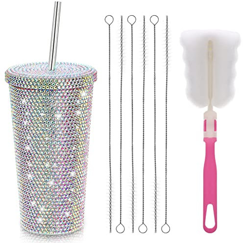 Mezchi 17 Oz Studded Bling Diamond Tumbler, Glitter Tumblers with Lid, Sparkly Stainless Steel Thermal Drinking Water Cup, Rhinestone Tumbler with 1 Pcs Brush 6 Pcs Straw Brushes for Women, Gift