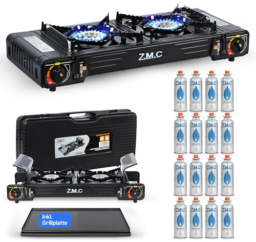 Z.M.C Premium camping gasspis 2 lampor grillplatta 16 gaspatroner 227 g, campingspis med transportväska för utomhus och inomhus, balkong bord dubbel gasspis med piezo-tändning