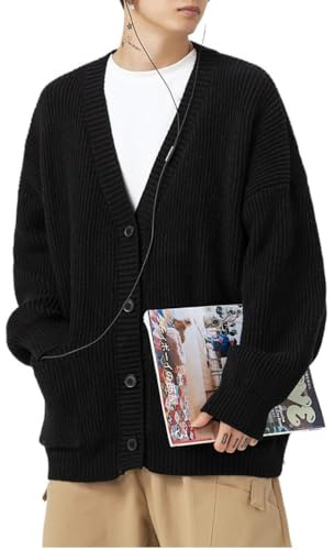 POHADON Mens Cardigan Sweater Button Down Long Sleeve V Neck Cable Knit Sweaters Japanese Streetwear Grunge Clothes (Black,M)