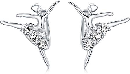 Ballerina Ohrringe 925 Sterling Silber Balletttänzer Ohrringe mit Kristall Ballett Geschenke für Frauen Mädchen (Weiß)