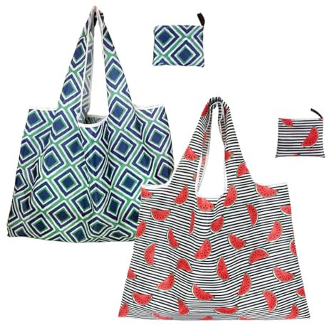 FAVORTALK Fold Up Shopping Bag 2 Pcs Large Capacity Washable Grocery Bag Eco-Friendly Nylon Foldable Shopper Bag Large Groceries Pouch for Travel Storage Lightweight Shopping Bags - 16315