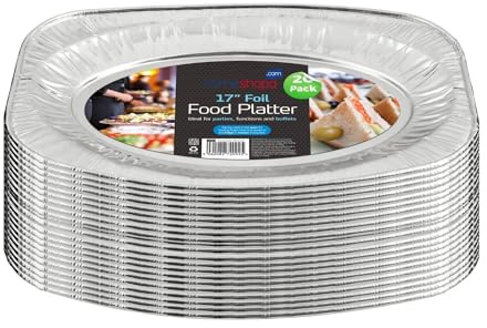 HOMESHOPA Aluminum Foil Disposable Oval Serving Platter, Silver Embossed Foil Food Trays, Oven and Food Safe, Lightweight Reusable Catering Plate for Party, Buffet (20 Pack, 17 Inch)
