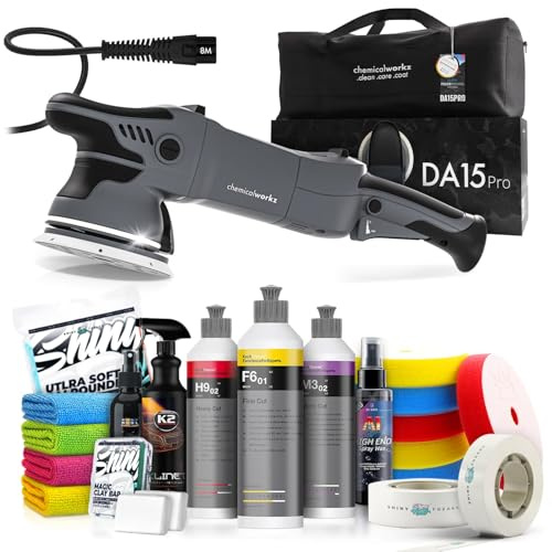 Poliermaschinen Set: chemicalworkz DA15 Pro Exzenter Poliermaschine + Koch Chemie Politur Set + Royal Pads Premium Polierpads + Dr. Wack Versiegelung für Lack + Zubehör | 20-teilig