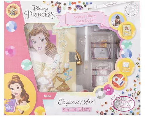 CRYSTAL ART - Diamant-Tagebuch-Set – bestehend aus: Notizbuch mit Vorhängeschloss, 2 Schlüsseln, nummerierter Klebeschablone, Eingabestift, glitzernden Strasssteinen – Disney Die Schöne und das Biest
