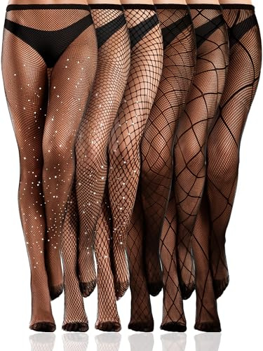 Ramede 6 par strass fisknätstrumpor för kvinnor lårhög midja glittrande tights nät glitter strumpbyxor för halloween, Strass svart, M