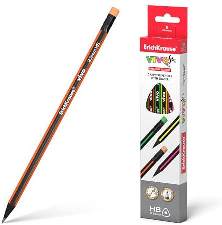 Erich Krause Lápices HB con goma de borrar triangular, 12 unidades, lápiz de grafito ergonómico para oficina, escuela y hobby