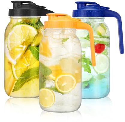 64oz Mason Jar Pitcher - Airtight & Leakproof Glass Pitchers with Handle and Lid, Perfect for Breastmilk, Cold Brew and Sun Tea for Outside,2 Quart Mason Jar with Pour Spout Lid,1/2 Gallon Water Jug