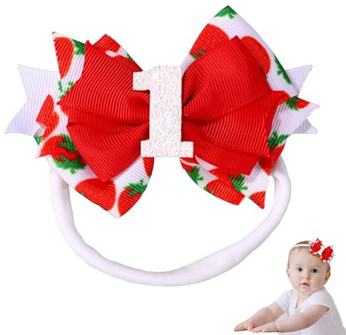 Baby Bow Headband, Sweet Baby 1 Year Old Hair Bow Elastic Hairband Bow Hair Accessories for Newborn Baby Girls Toddlers First 1st Birthday Party Decorations Photo Props (Strawberry)