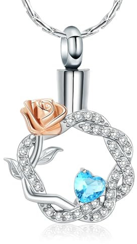 ADENLA Collier urne funéraire en Forme de Rose pour Cendres pour Femmes et Filles, Pendentif Couronne en Acier Inoxydable, Cadeau Souvenir commémoratif, Bleu Clair