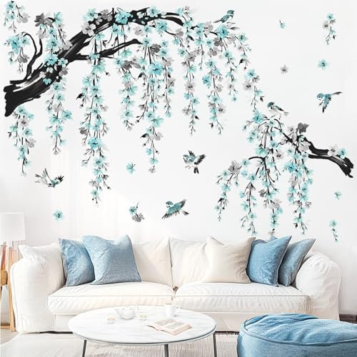 wondever Wandtattoo Baum Ast Blüten Groß Wandaufkleber Hängende Blumen Blau Wandsticker Wanddeko für Wohnzimmer Schlafzimmer Sofa Hintergrund