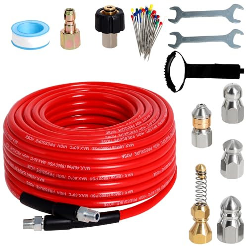 Zejoot Sewer Jetter Kit for Pressure Washer 50FT, 5800PSI Drain Cleaner Hose 1/4 Inch NPT Corner with 5 Sewer Jetting Nozzles，Waterproof Tape，Pearl Corsage Pin & 2 Spanners (Red)