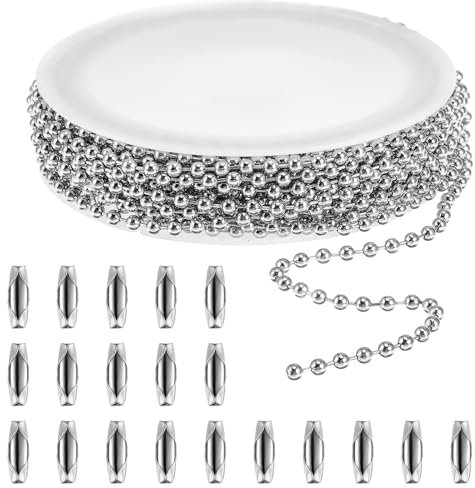 Xinjoduz Catena a sfere da 5 m, 2,4 mm, in acciaio inox, color argento, con 20 connettori per catena a sfera, chiusure militari, per la creazione di gioielli, bracciali, forniture artigianali