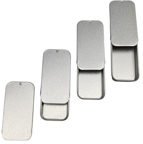 4 x 10 ml rechteckige Dose mit Schieberdeckel – Mini-Gastgeschenk/Geschenk/Süßigkeiten/Lippenbalsam/Pillendosen – Silber – Schiebedeckel – Taschenformat – Camping/Wandern Alltag tragen edc