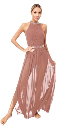 Kaerm Vestido de baile lírico para mujer, sin mangas, patinaje artístico, largo strass, maillot con corte de leotardo con falda asimétrica de gasa, altrosa, M