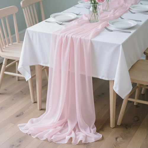 H HOMEWINS Tischläufer 305 x 70 cm aus Chiffon - Eleganter Tischläufer in Rosa, Ideal Tischdeko für Hochzeit, Geburtstag, Baby Shower, Party & Esstisch