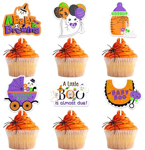 Halloween Baby Shower Decorations 24pcs Orange Purple A Baby Is Brewing Cake Toppers Cute Ghost Pumpkin Cake Decor Boo Scary Gender Reveal Decor Spooky Bat Spider Web Skeleton Birthday Party Supplies