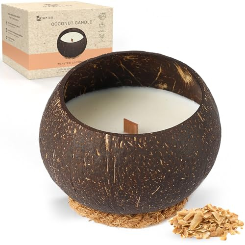 Namture Handmade Toasted Coconut Scented Candle – Reusable Organic Coconut Shell, 50 Hours Burning Time, Eco-Friendly & Sustainable, Crackling Woodwick Candle, Suitable for Easter and Christmas