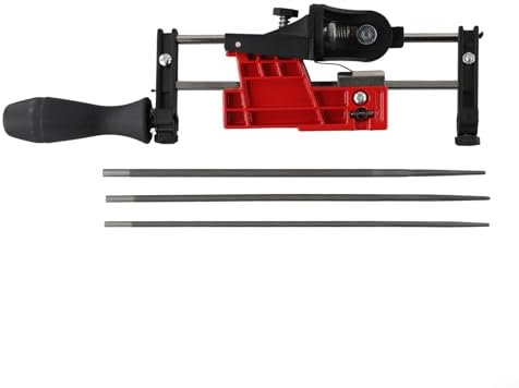 Multi-Angle Chainsaw Sharpener Guide with 3 File Blades Red Metal Plastic Frame 30x16x6cm for Cutting