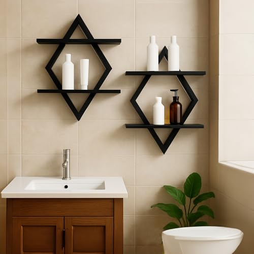 Schweberegale für die Wand,dekoratives Wandregal,2-stufiges hängendes Regal für Pflanzen,Aufbewahrung und Präsentation,Innenraumdekoration für Wohnzimmer,Zuhause,Büro,Holz,Diamantform,2er-Set,schwarz