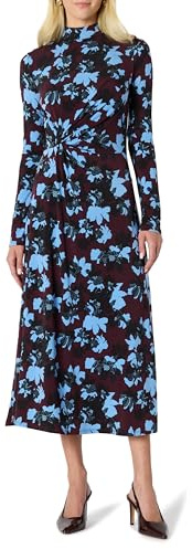 Amazon Essentials Maxi Abito Corto a Maniche Lunghe Taglio Fit and Flare Donna, Bordeaux Blu Floreale, XXL