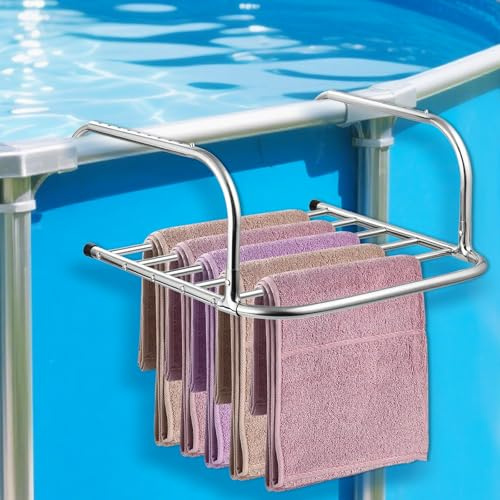 Porte-serviettes de piscine d'extérieur, 6 barres en acier inoxydable, pliable, avec crochets extensibles, support de serviette suspendu pour piscine hors sol