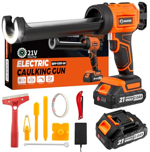 Saker Electric Caulking Gun Cordless Caulk Gun Drip-free with Caulking Tools 4 Adjustable Speeds with LED Light 10oz/300ml for Kitchen Bathroom Filling, Sealing 2 Batteries