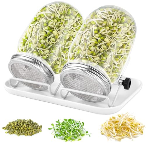 FoiiLiio Sprossen Keimglas 2er Set keimgläser für Sprossenglas Sprouting jar mit 1 Weiß Wasserschale 2 Filtergitterabdeckungen aus Edelstahl 304 und 2 Ständer für Alfalfa Brokkoli Mungobohnen