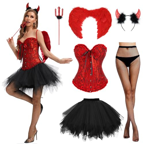 Charmofun Costume Diavolo Donna Sexy, Vestito Donna Halloween Diavolo con Corsetto Rosso, Set 6 Pezzi con Ali Corna Forcone Calze, Costume Halloween per Lei Carnevale Cosplay (M)