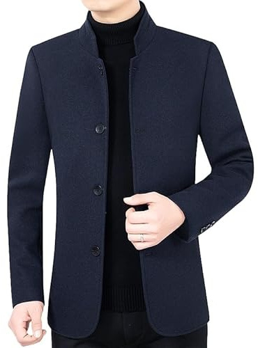 HUIANGLIYG Blazer À Chevrons pour Homme, Veste de Costume Vintage en Tweed de Laine Mélangée, Col Mao, Simple Boutonnage, Manteau en Laine Décontracté, Coupe Vent, Bleu Marine, Taille M