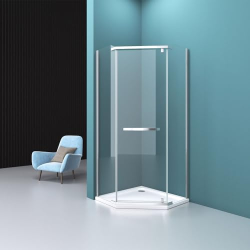 Durovin Bathrooms Pentagonal Corner Shower Enclosure 1000 x 1000mm - Pivot Hinged Door - 8mm Tempered Safety Glass with Nano Coating - Reversible Polished Stainless Steel Fittings