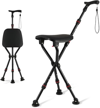 ArcMega Walking Cane with Seat Holding 400 lbs – Heavy-Duty Folding Cane Chair with Upgraded Detachable 3 Legs, ABC Markings, Adjustable 19-22 Seat Height, Large Comfort Seat for Seniors