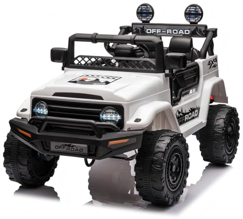 HAUSPROFI 12V Kinder Elektroauto mit Fernbedienung, Kleiner Offroad Flitzer Mit Licht, Federung & Sicherheitsgurt, 2 Betriebsmodi, LED, Bluetooth, Musik Elektro Kinderauto - Weiß