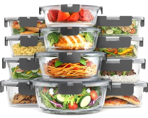 KICHLY Glass Food Storage Containers with Lids 24 Pack, Airtight Leakproof Containers, Borosilicate Glass Lunch Boxes for Microwave, Oven, Freezer & Dishwasher Safe 12 Containers12 Lids Grey