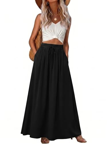 GRECERELLE Womens Summer Long Skirts Ladies Casual Maxi Drawstring Elastic A-Line High Waist Boho Skirt with Pockets for Women UK