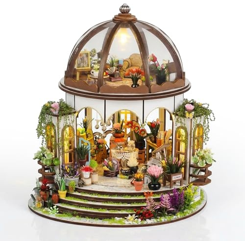 Crafts&Co® Miniatur | DIY Miniaturhaus mit LED Beleuchtung | 405 Teile Miniatur | 3D Modellbausatz & Bastelset mit Zubehör, Werkzeug | Detailreiches Gartenhaus | 25.5x21.5x24.5 cm