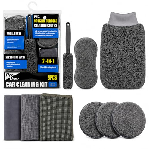 Qibivfo Auto Reinigungsset 9 Teilig, Auto Waschen Set für Innenraum, Lack | Autoreinigungsset mit Mikrofaser Waschhandschuh, Felgenbürste, Polierpads, Schwamm & Tüchern, Scheiben & Felgen
