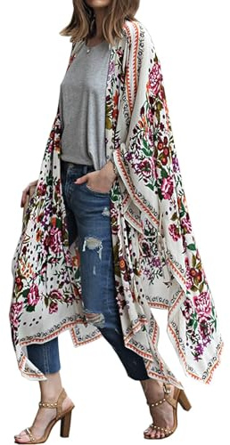 Hibluco Dam chiffong blommig kimono typ cardigan lång baddräkt täcker baddräkten, A-K 9, S, A–K 9, S