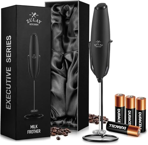 Zulay Kitchen Executive Series Milk Frother Wand - Upgraded & Improved Stand - Ideal Coffee Gift - Coffee Frother Handheld Foam Maker For Lattes - Electric Milk Frother Handheld For Cappuccino