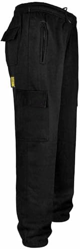 SITE KING Mens Cargo Combat Work Tracksuit Jogging Bottoms with Knee Pad Pockets Size S to 5XL Fleece Pants (2XL - 46/48 Waist, Black)