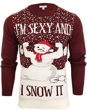 Xact Men's Novely Funny Christmas Jumper, Sexy & I Snow It Slogan, Crew Neck (Burgundy) L